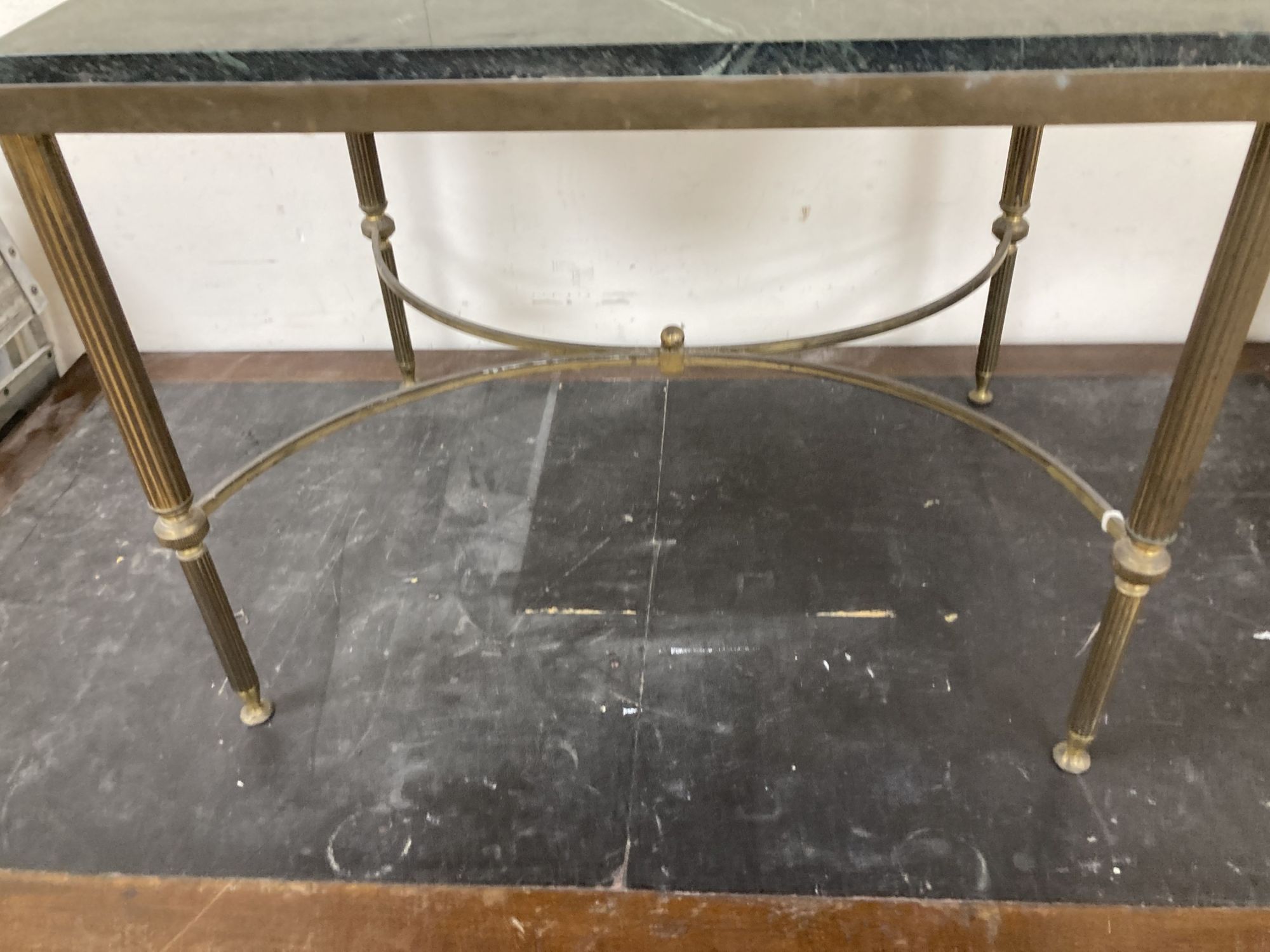 A Maison Janson style rectangular brass and marble top occasional table, width 62cm, depth 47cm, height 48cm